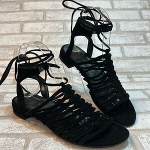 Stuart Weitzman Sandals Slingback Strappy Black Suede Ankle Tie Women Shoe Sz. 6